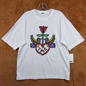 YMC Shirt Mens Medium Off White Pullover Crew Cotton Slub Triple Tattoo Tee $135